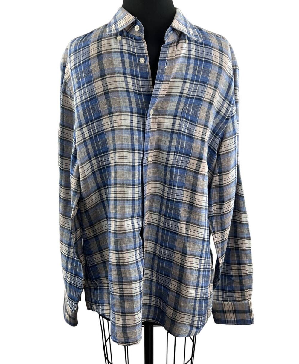 VINCE Blue Gray Plaid Button-Up Long Sleeve Shirt Casual Dress Work Men's L